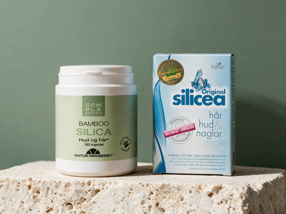 Natur-Drogeriet Bamboo Silica Complex og Silicea Original, to blandinger med biotin og mineraler ved siden av silisiumet