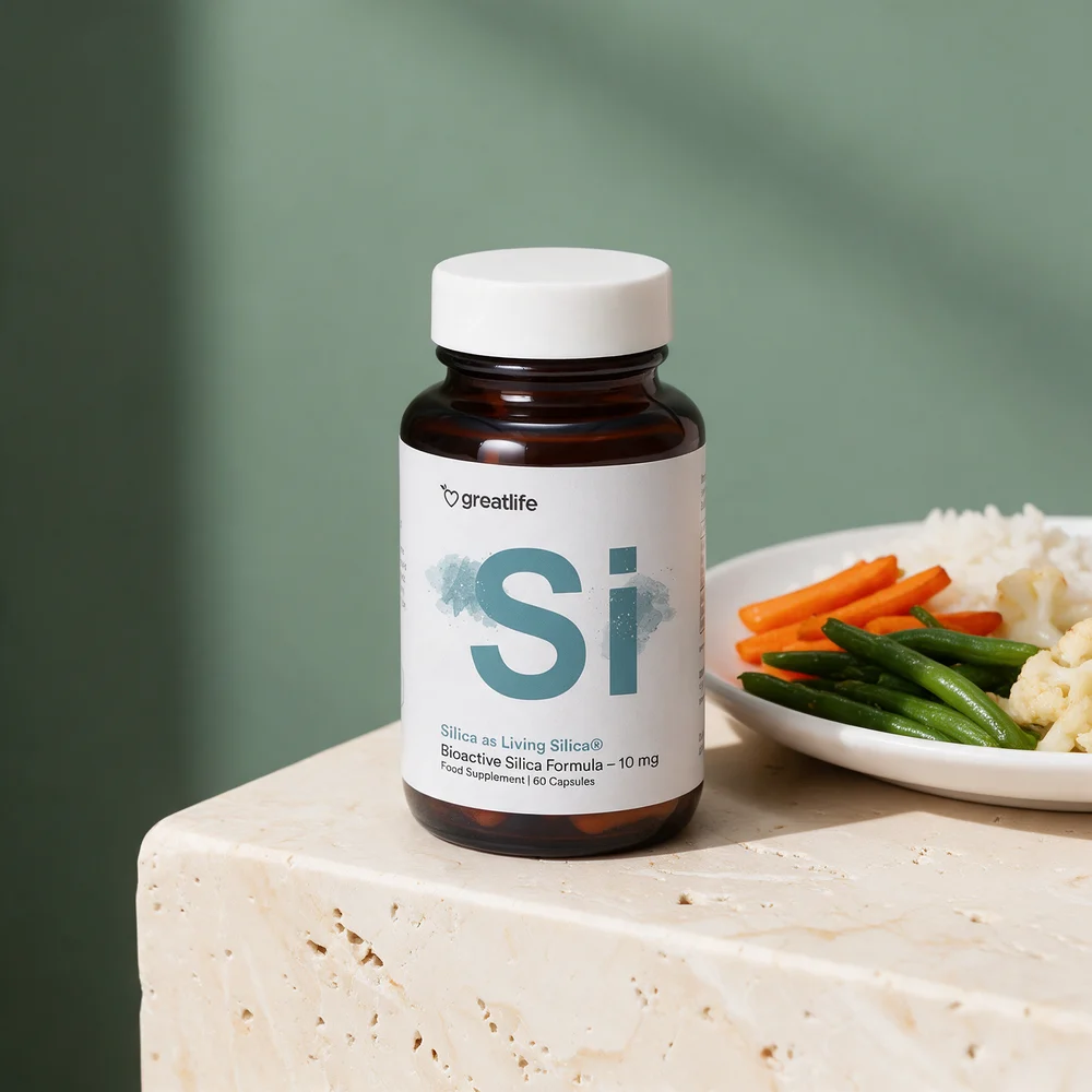 Greatlife Living Silica, brun glasskrukke med 60 kapsler og 10 mg silisium