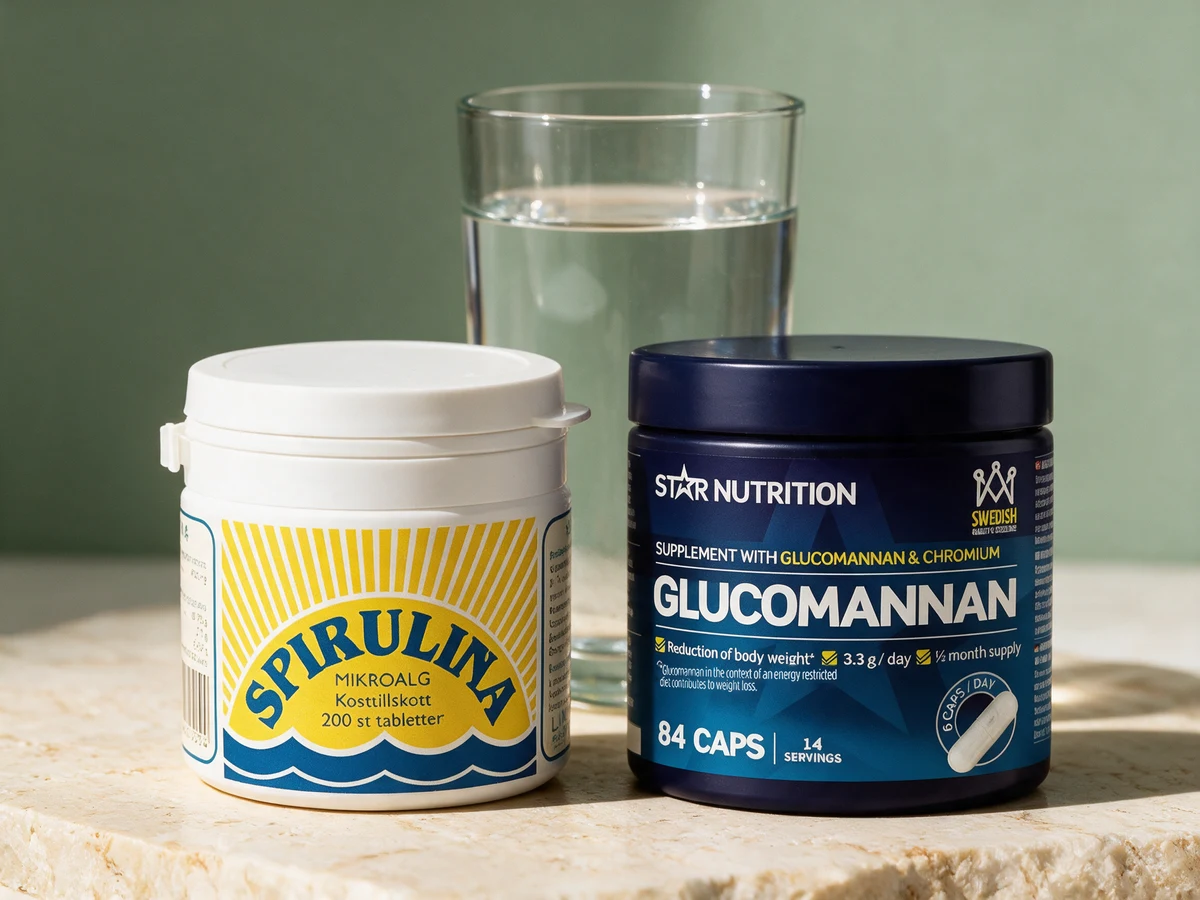 Lindroos Spirulina 200 tabletter og Star Nutrition Glucomannan 84 kapsler, alge og fiber som begge når forsøksdosen