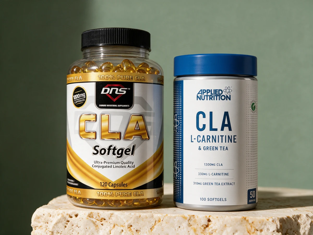 DNS 100% Pure CLA med gylne softgels av storfegelatin og Applied Nutrition CLA, L-Carnitine og Green Tea i veganske softgels