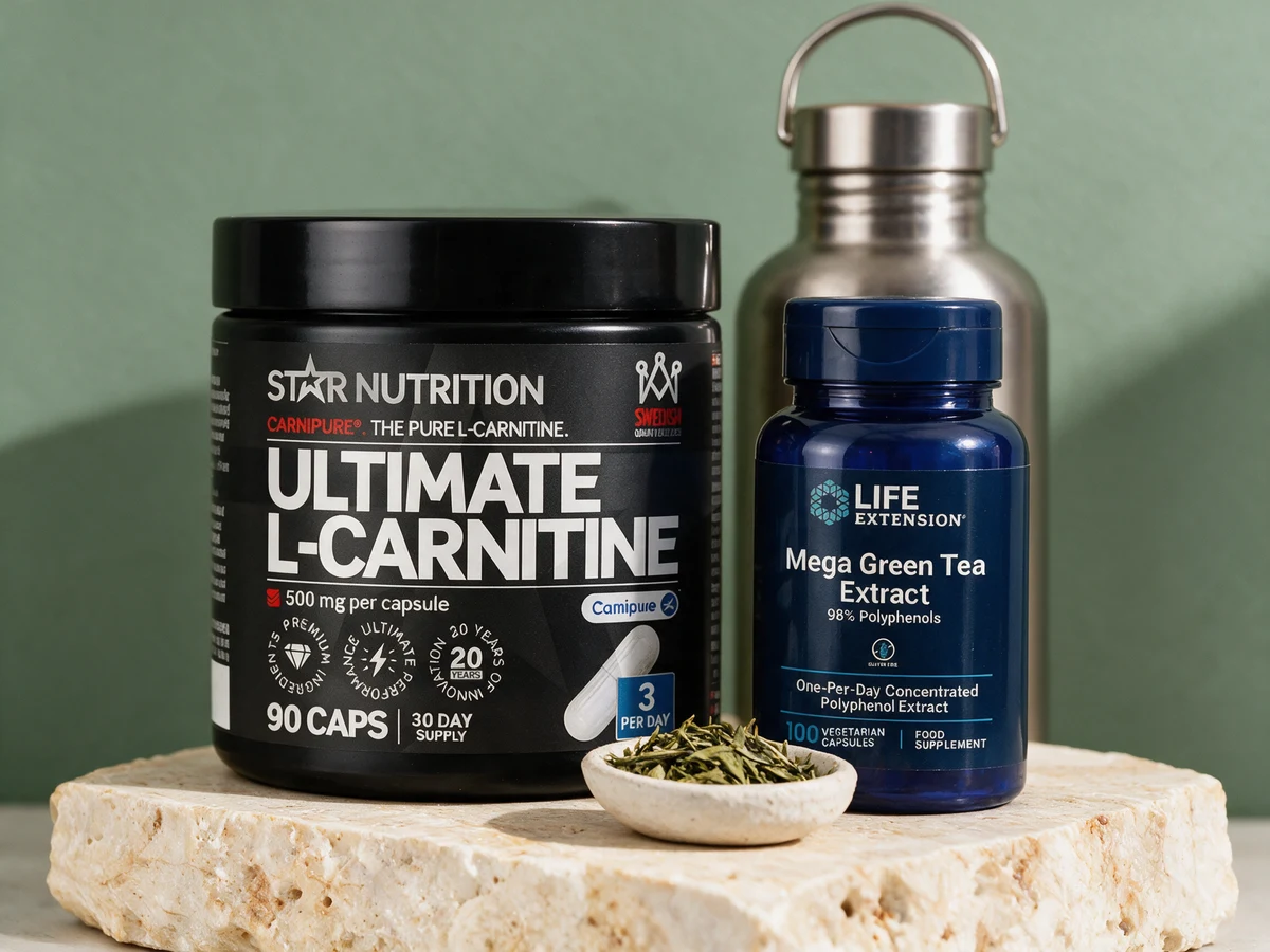 Star Nutrition Ultimate L-Carnitine, tre kapsler om dagen, og Life Extension Mega Green Tea Extract, én kapsel om dagen
