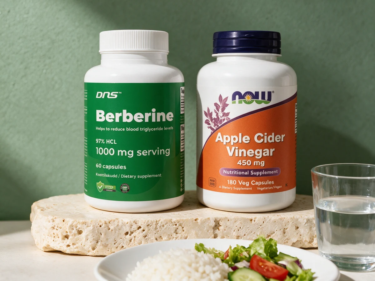 DNS Berberine 500 mg og NOW Apple Cider Vinegar 450 mg, to kapsler som tas før måltidet