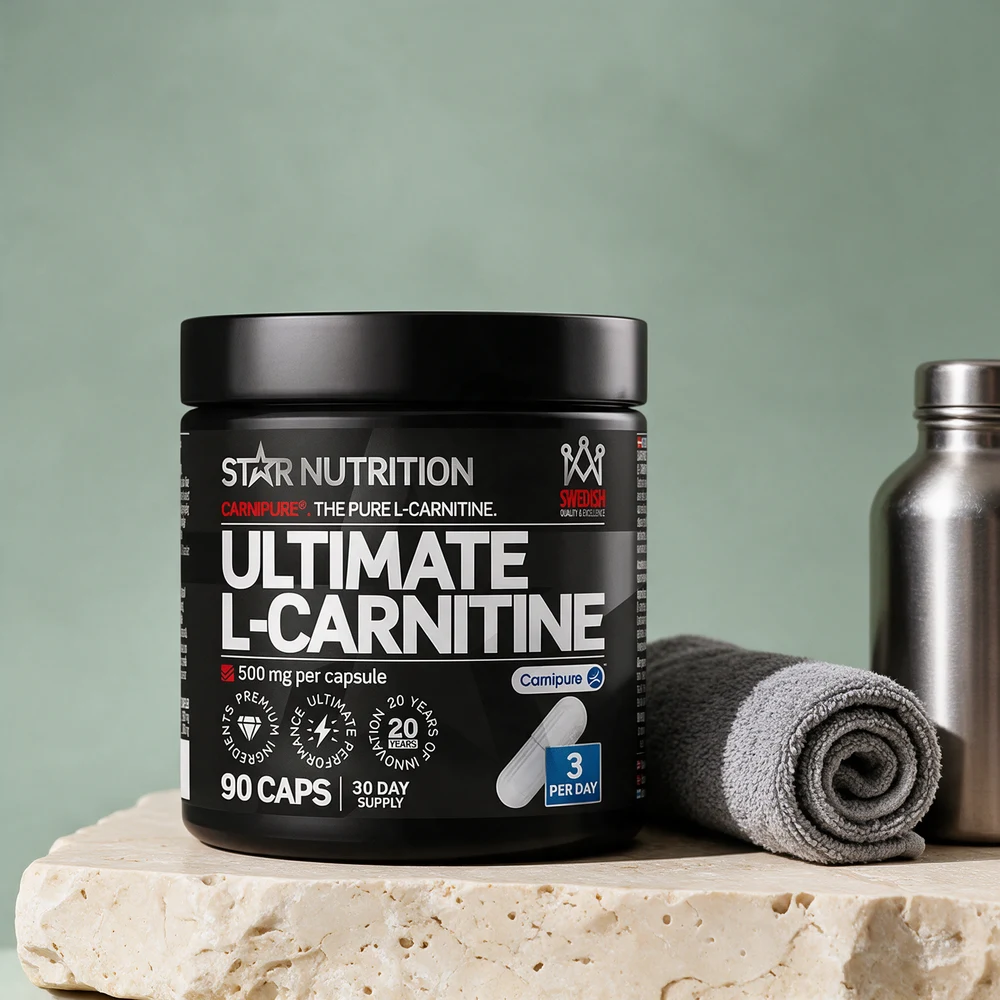 Star Nutrition Ultimate L-Carnitine, svart boks merket «3 per day» og «90 caps»