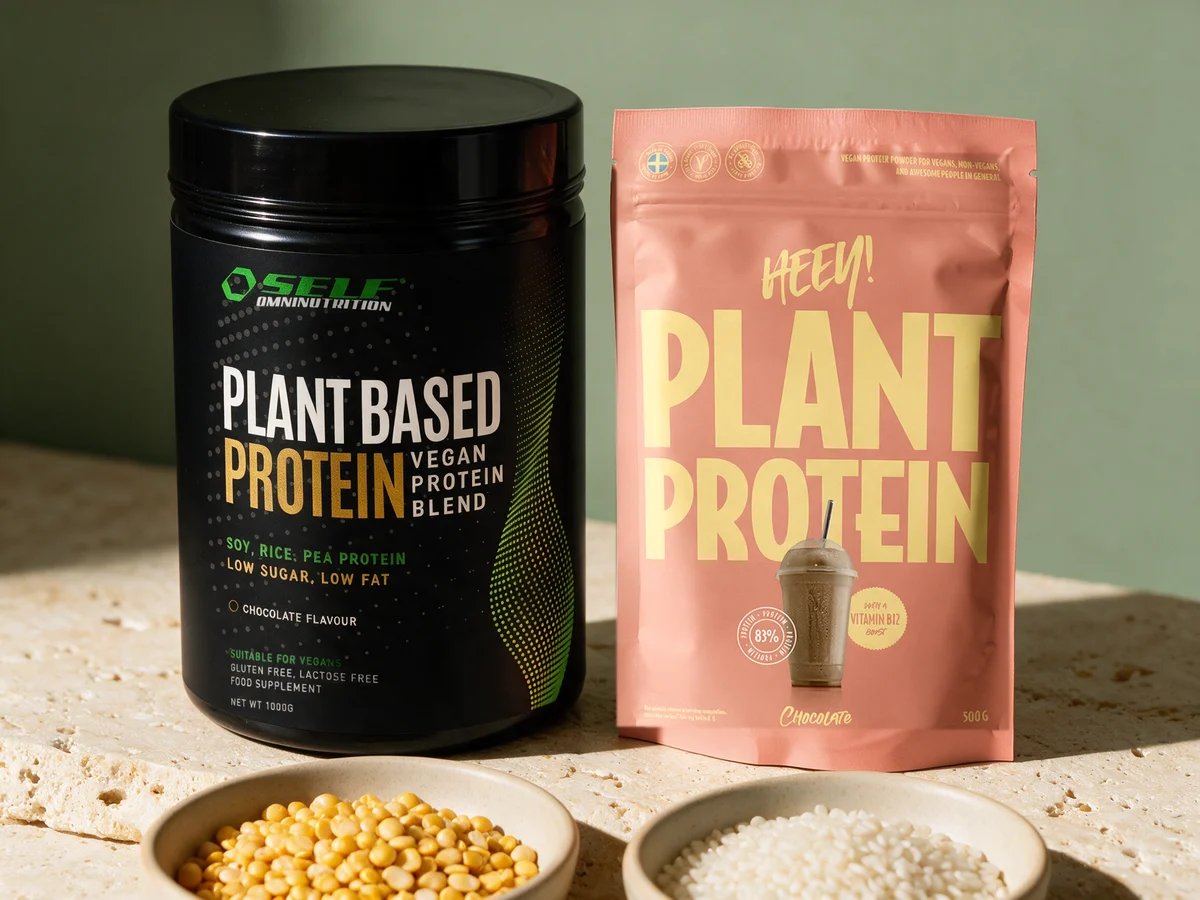Self Omninutrition Plant Based Protein og Heey! Vegansk Protein med en skål tørkede gule erter og en skål riskorn