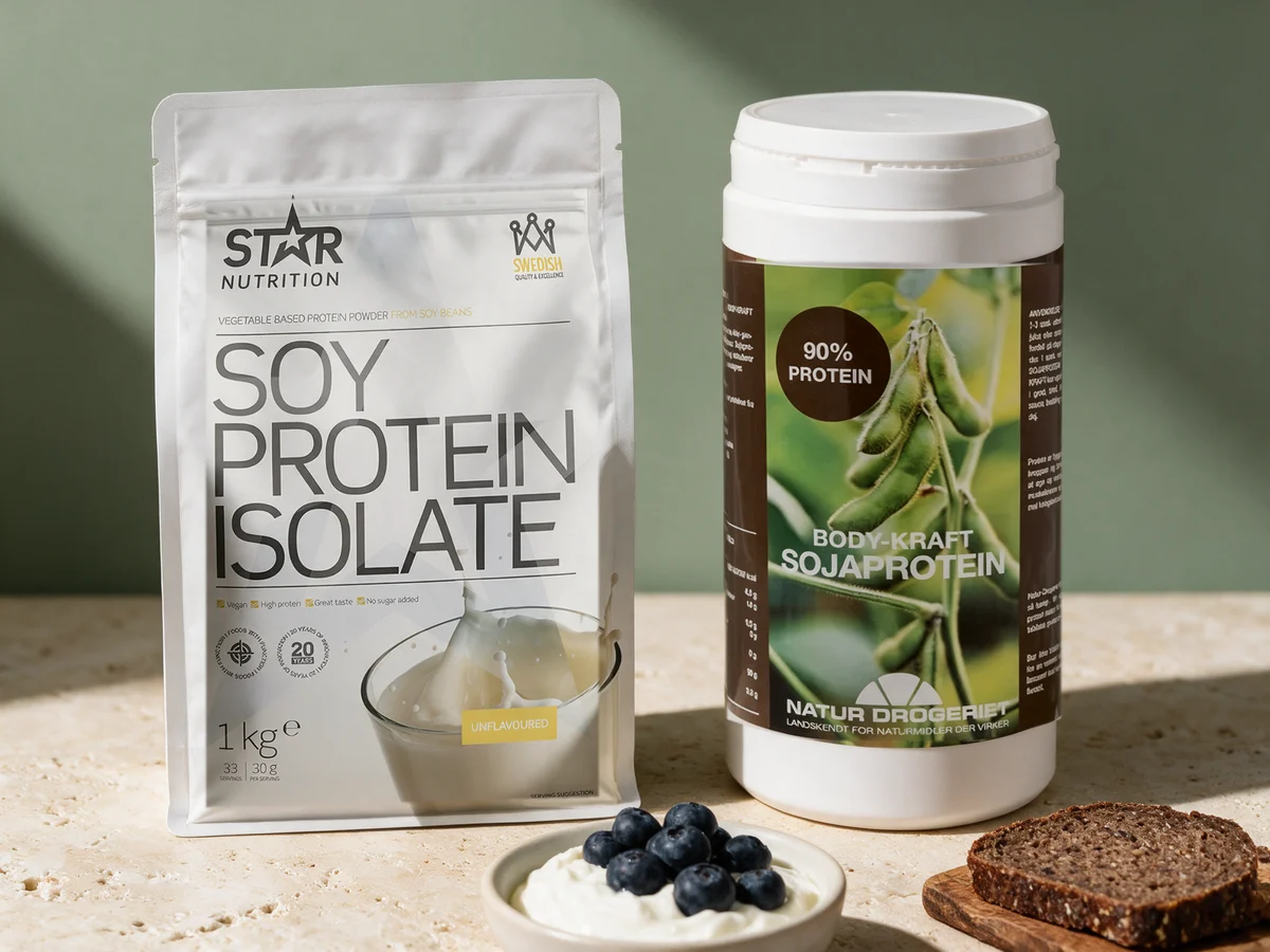 Star Nutrition Soyaproteinisolat og Body Kraft Soyaproteinpulver ved en bolle kvarg med blåbær og et stykke grovt brød
