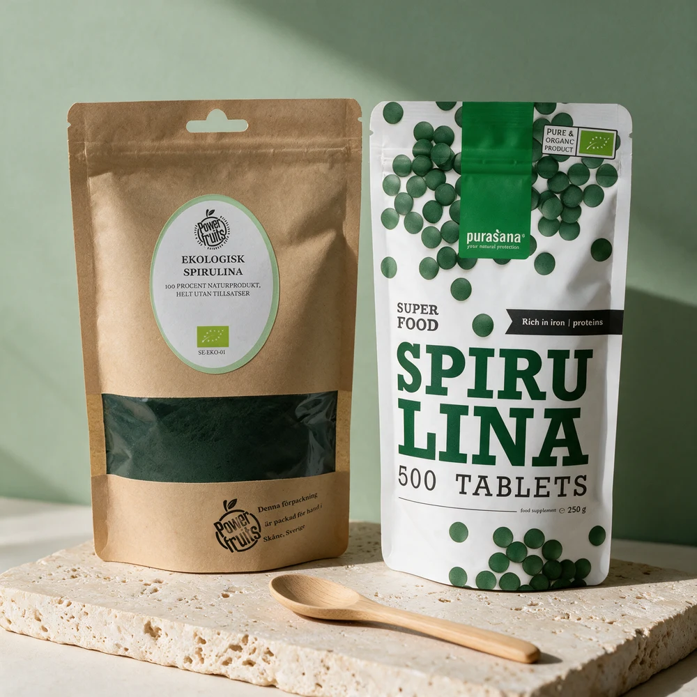 Powerfruits Økologisk Spirulina og Purasana Spirulina, pulver og tabletter med samme alge