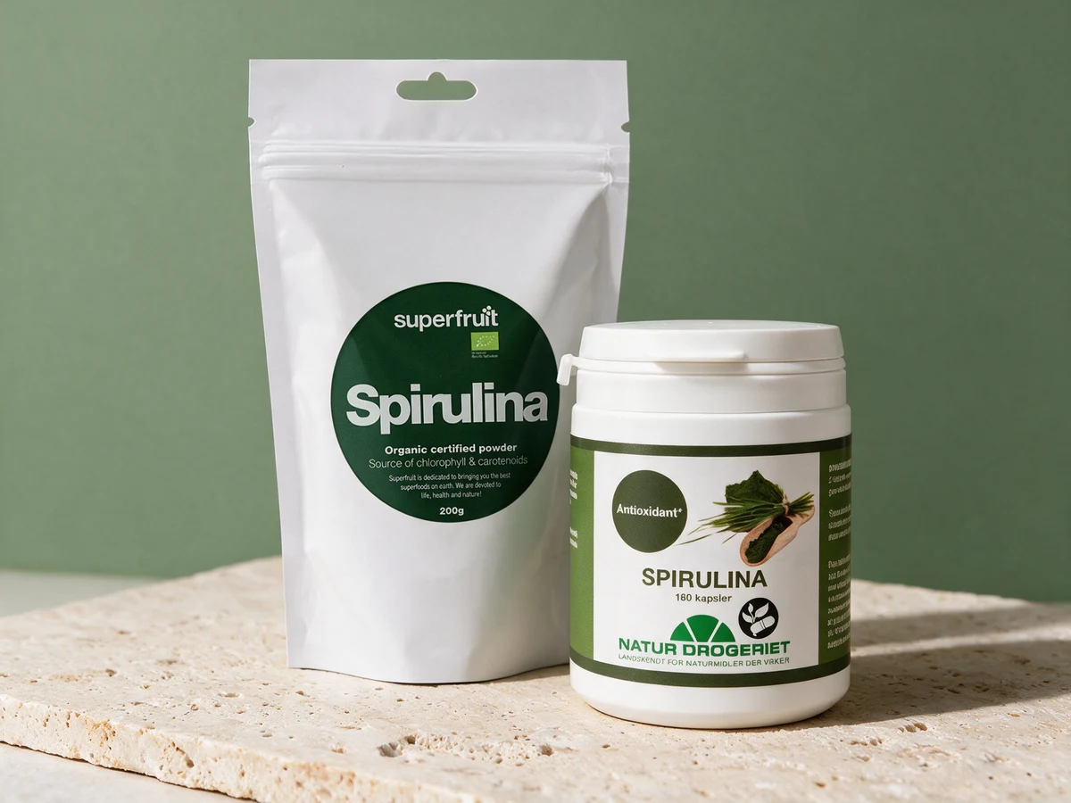 Superfruit Spirulinapulver og Natur-Drogeriet Spirulina, pulver i pose og kapsler i boks