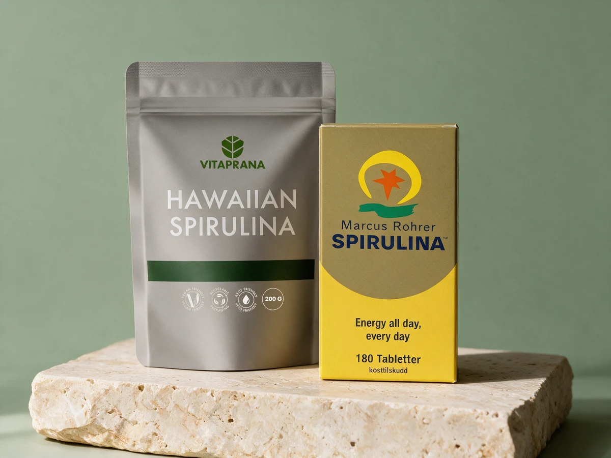 Vitaprana Hawaiian Spirulina og Marcus Rohrer Spirulina, pulver og tabletter med alge fra Hawaii