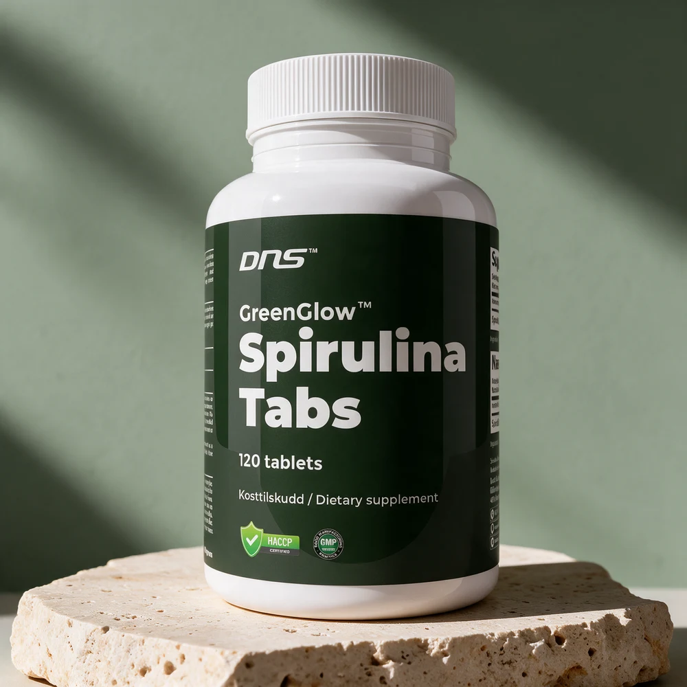 DNS Spirulina Green Glow, hvit boks med grønn etikett og 120 tabletter