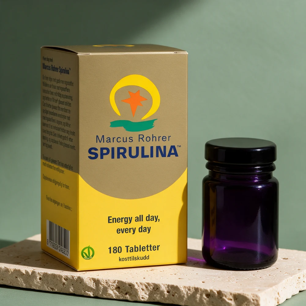 Marcus Rohrer Spirulina, gul eske med 180 tabletter og glasset fra Miron