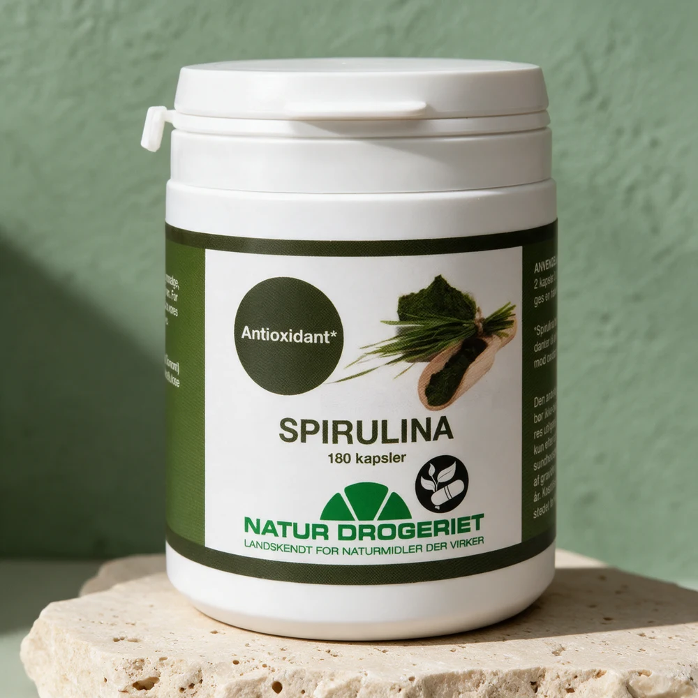 Natur-Drogeriet Spirulina, hvit boks med 180 vegetabilske kapsler