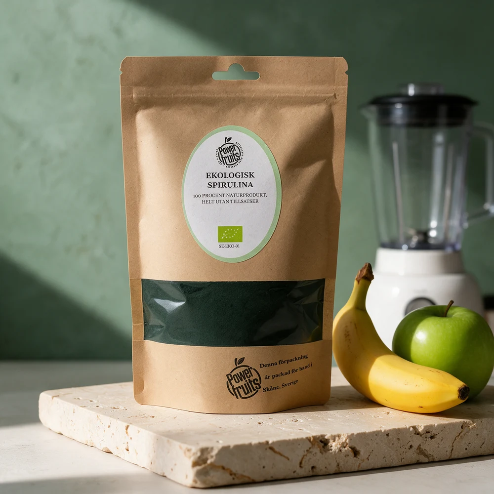 Powerfruits Økologisk Spirulina, 250 g pose med fint, mørkegrønt spirulinapulver