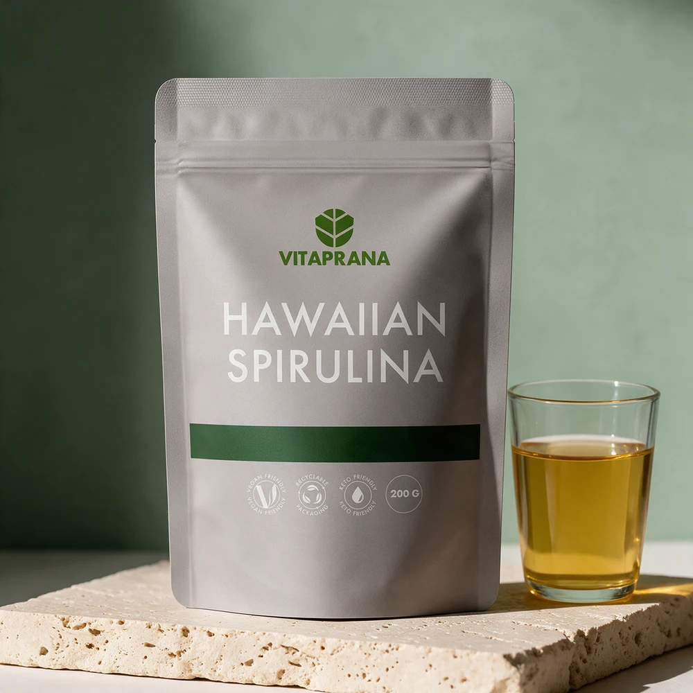 Vitaprana Hawaiian Spirulina, grå pose med 200 g pulver og et glass eplejuice