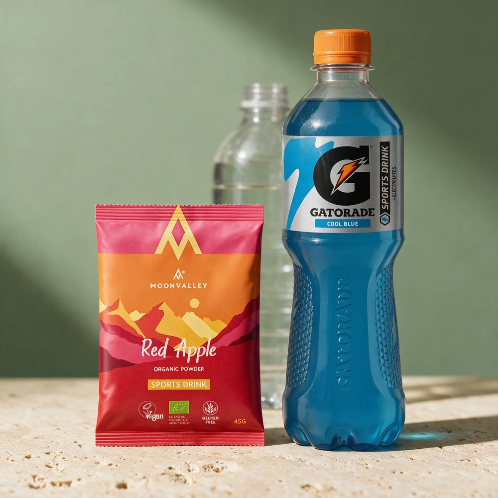 Moonvalley Organic Sports Drink Red Apple i pose og Gatorade Sports Drink Cool Blue i halvliterflaske