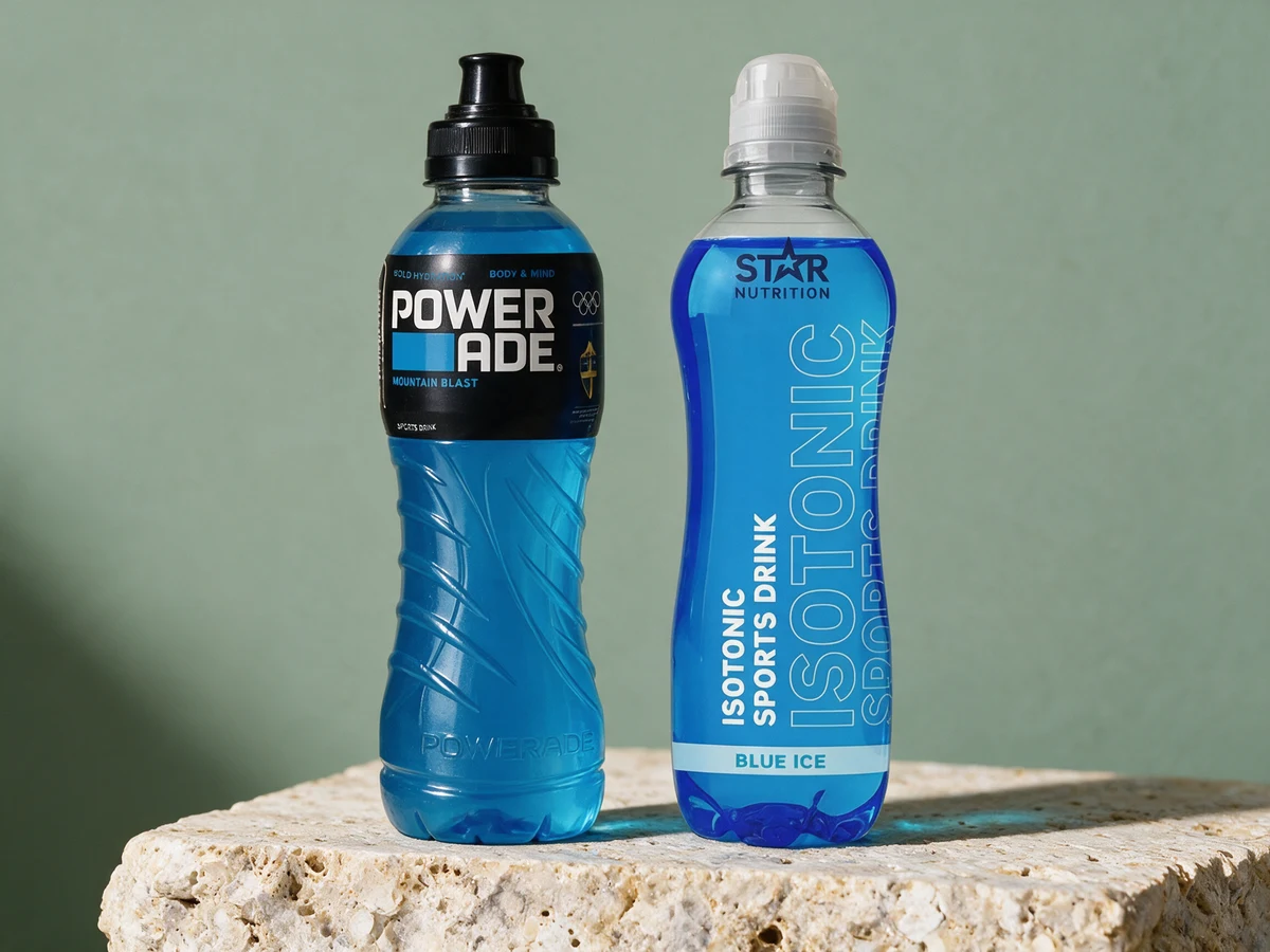 Powerade med drikketut og Star Nutrition Isotonic med sportskork, begge i halvliterflasker