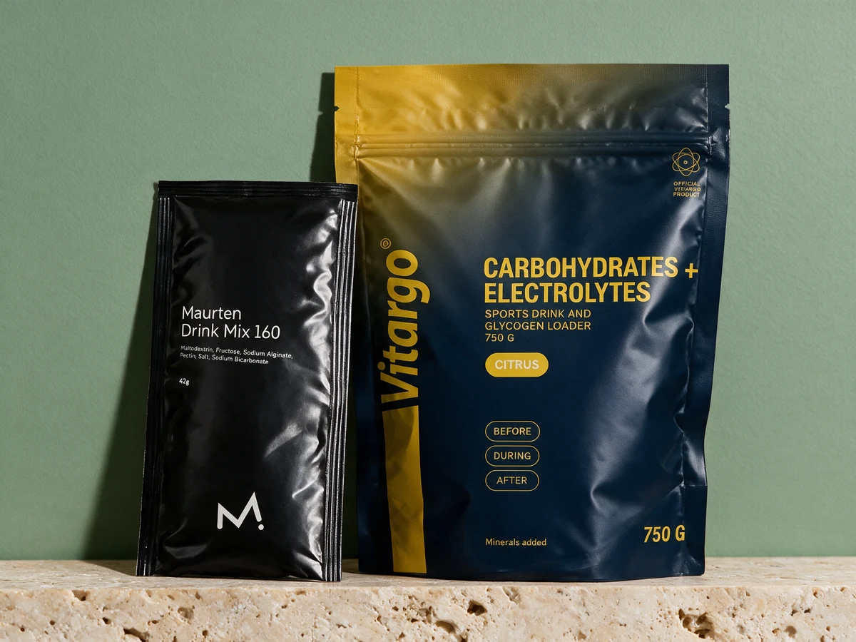 Maurten Drink Mix 160, svart porsjonspose, og Vitargo Electrolyte Citrus, pose på 750 gram