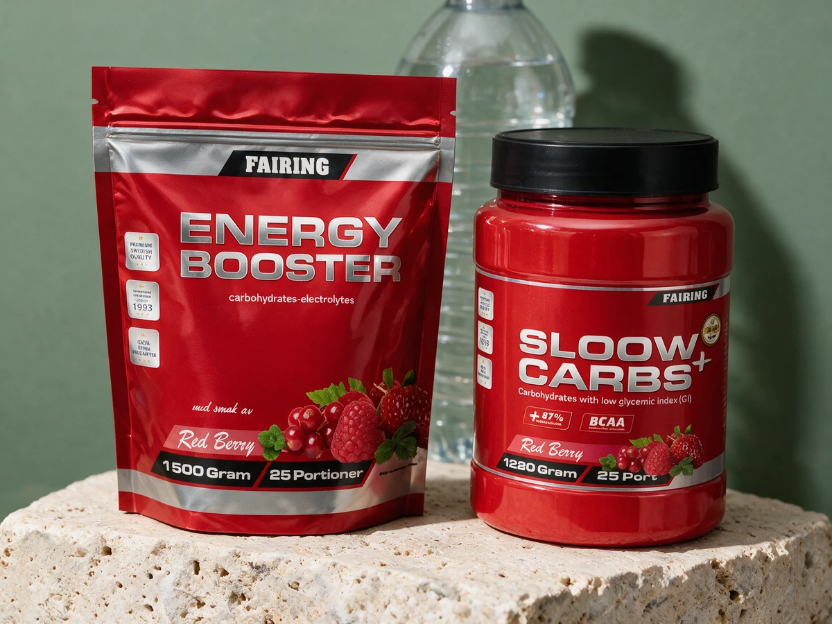 Fairing Energy Booster Red Berry, pose på 1 500 gram, og Fairing Sloow Carbs+, boks på 1 280 gram