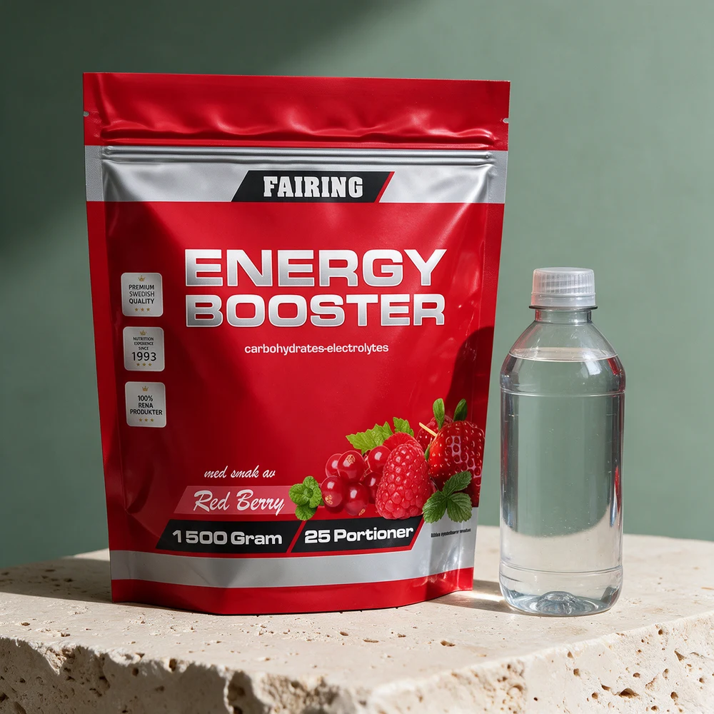 Fairing Energy Booster Red Berry, pose på 1 500 gram, og en literflaske med vann