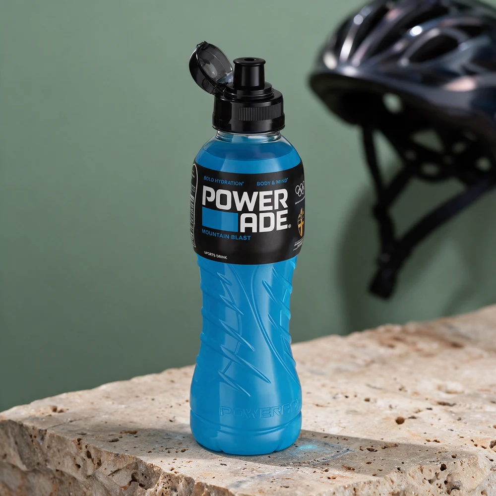Powerade i halvliterflaske med drikketut og lokk