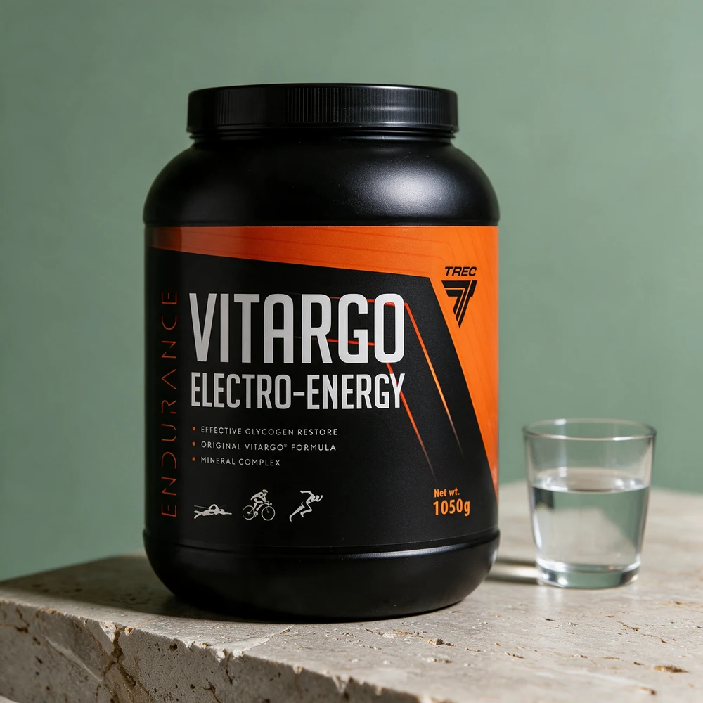 Vitargo Electro Energy, boks på 1 050 gram, og et glass med vann