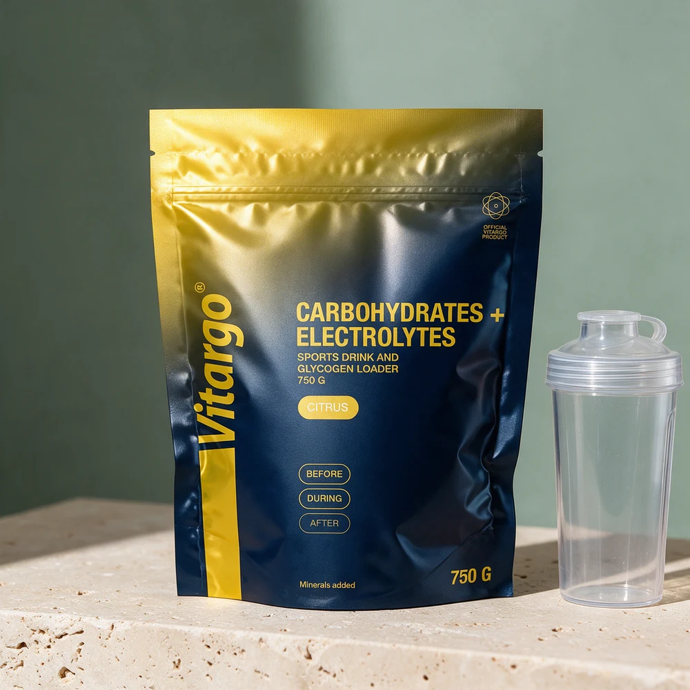 Vitargo Electrolyte Citrus, pose på 750 gram, og en shaker