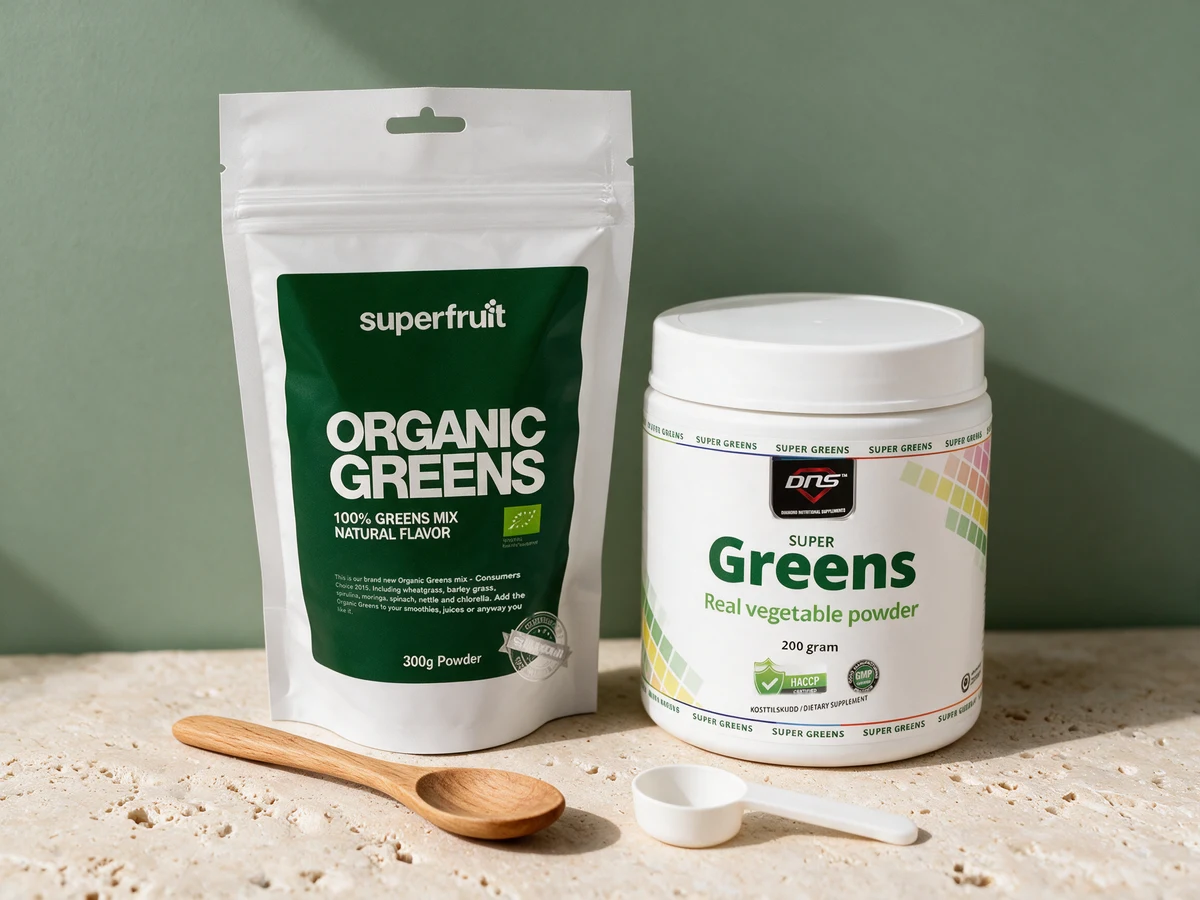 Superfruit Organic Greens og DNS Super Greens, de to naturelle pulverne med lavest pris per gram grønt
