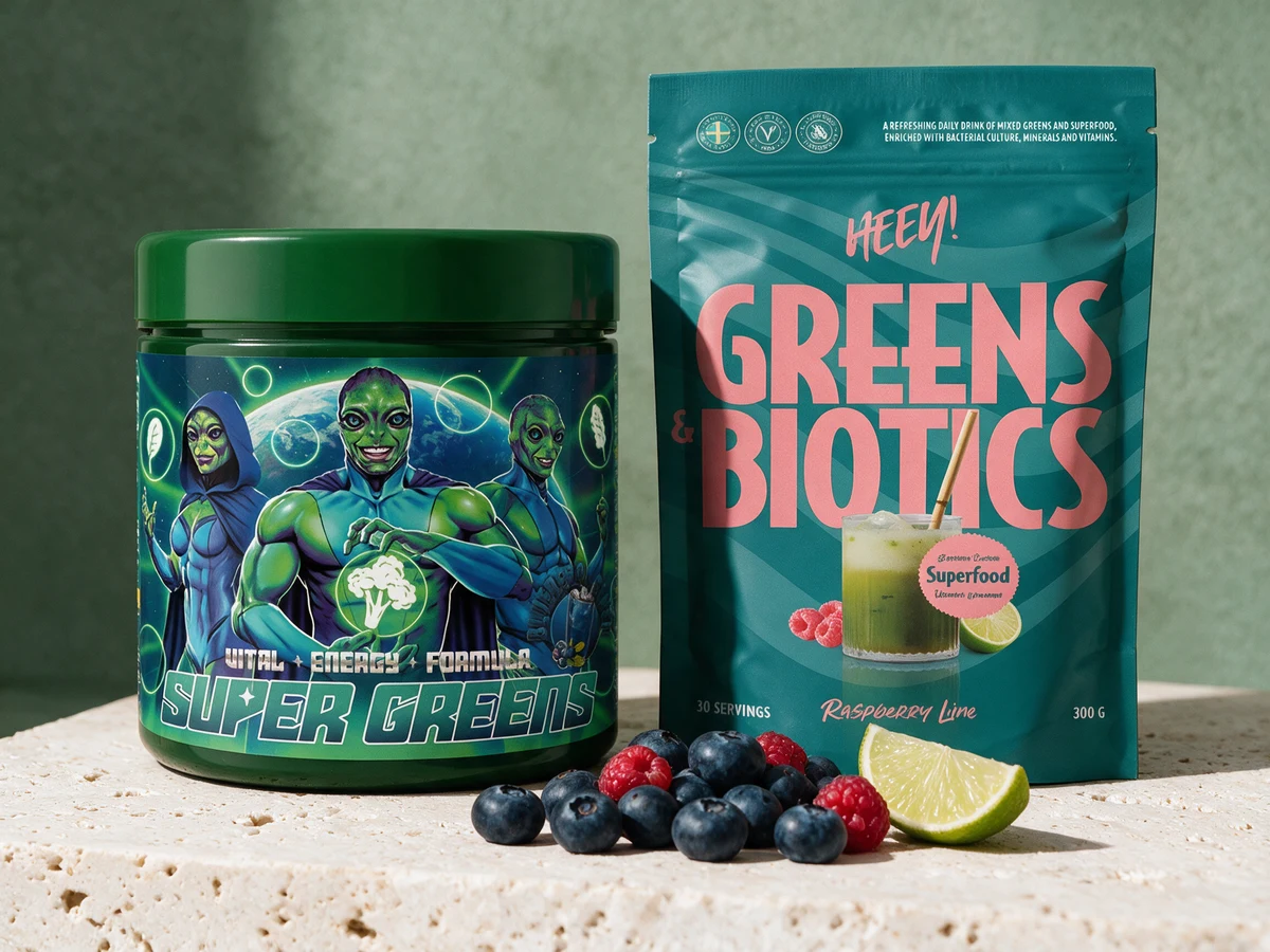Swedish Supplements Super Greens og Heey! Greens & Biotics, de to søte pulverne med oppgitt mengde grønt