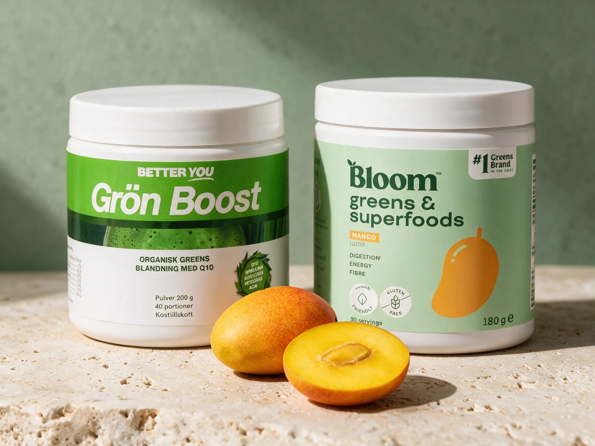 Better You Grön Boost uten tilsatt smak og Bloom Greens & Superfoods med mangosmak