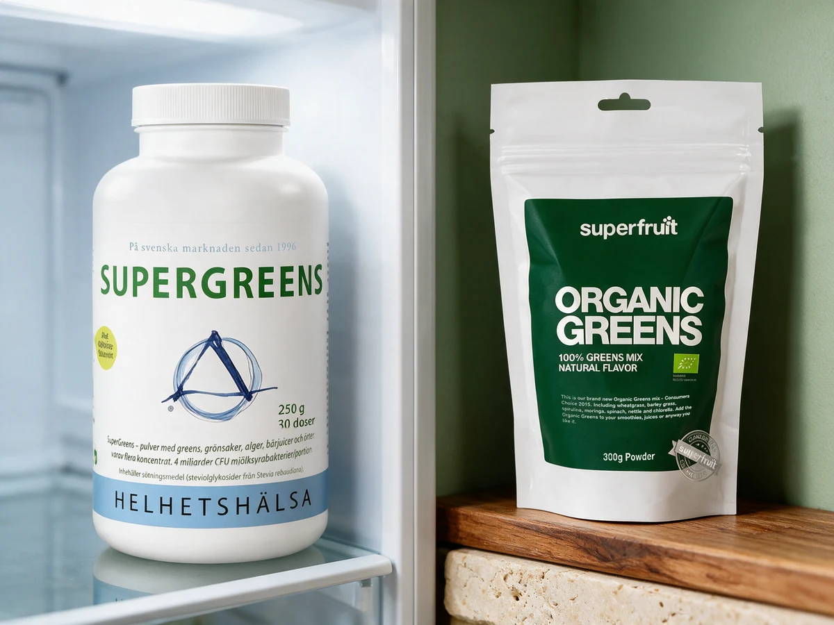 Helhetshälsa SuperGreens og Superfruit Organic Greens, ett pulver som skal stå kaldt etter åpning og ett som står tørt