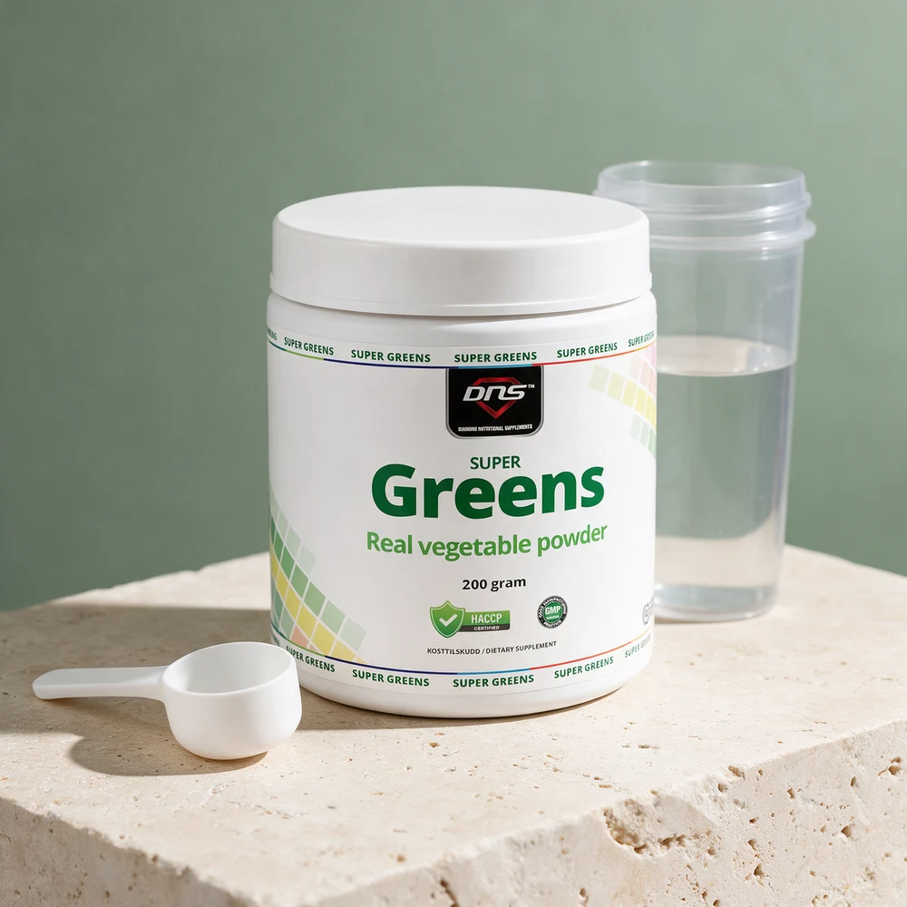 DNS Super Greens 200 g, hvit boks med måleskje