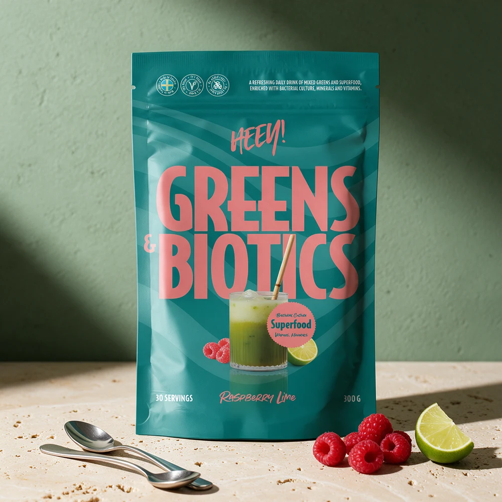 Heey! Greens & Biotics Hallon Lime 300 g, pose med 30 porsjoner