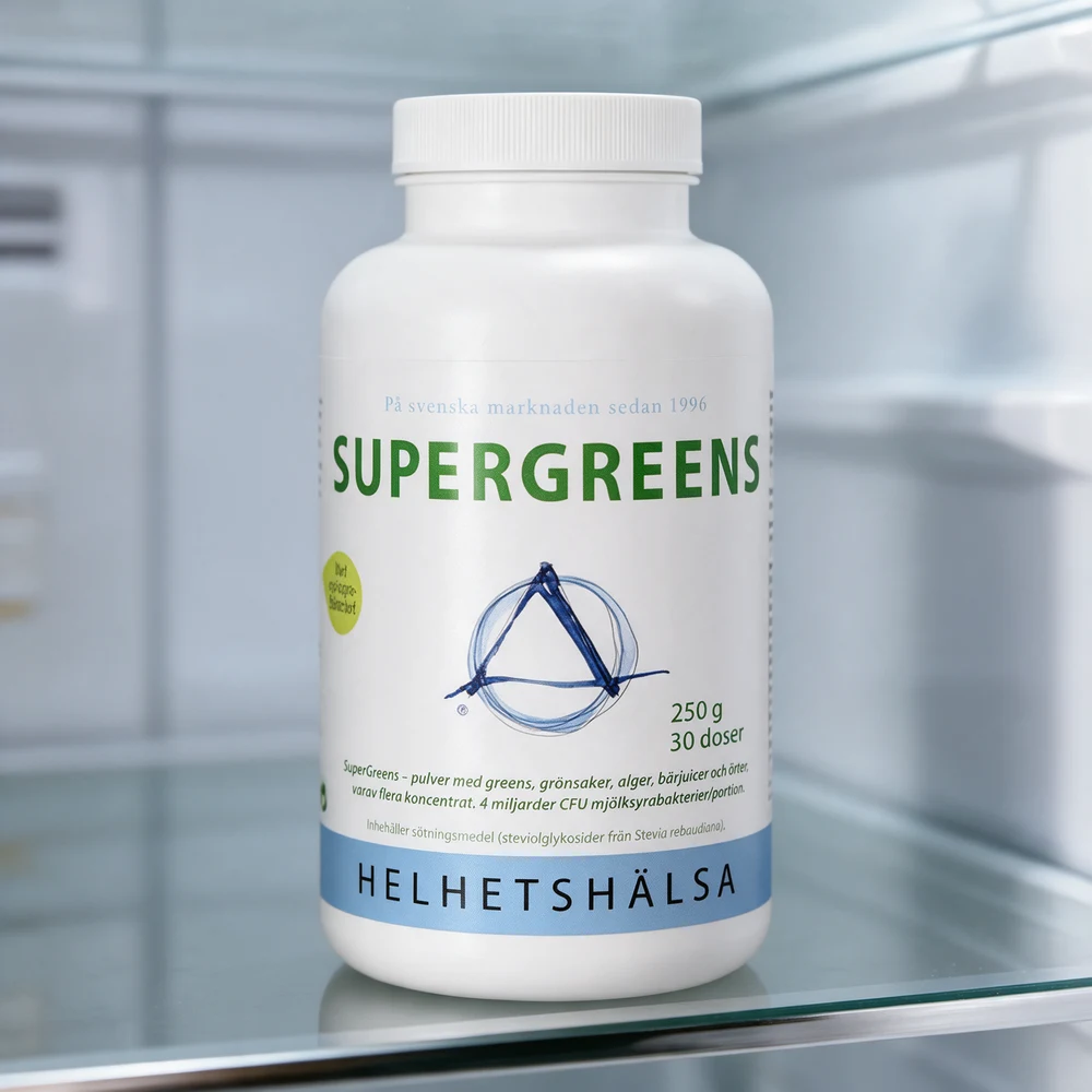 Helhetshälsa SuperGreens 250 g, boks med 30 doser og 4 milliarder CFU