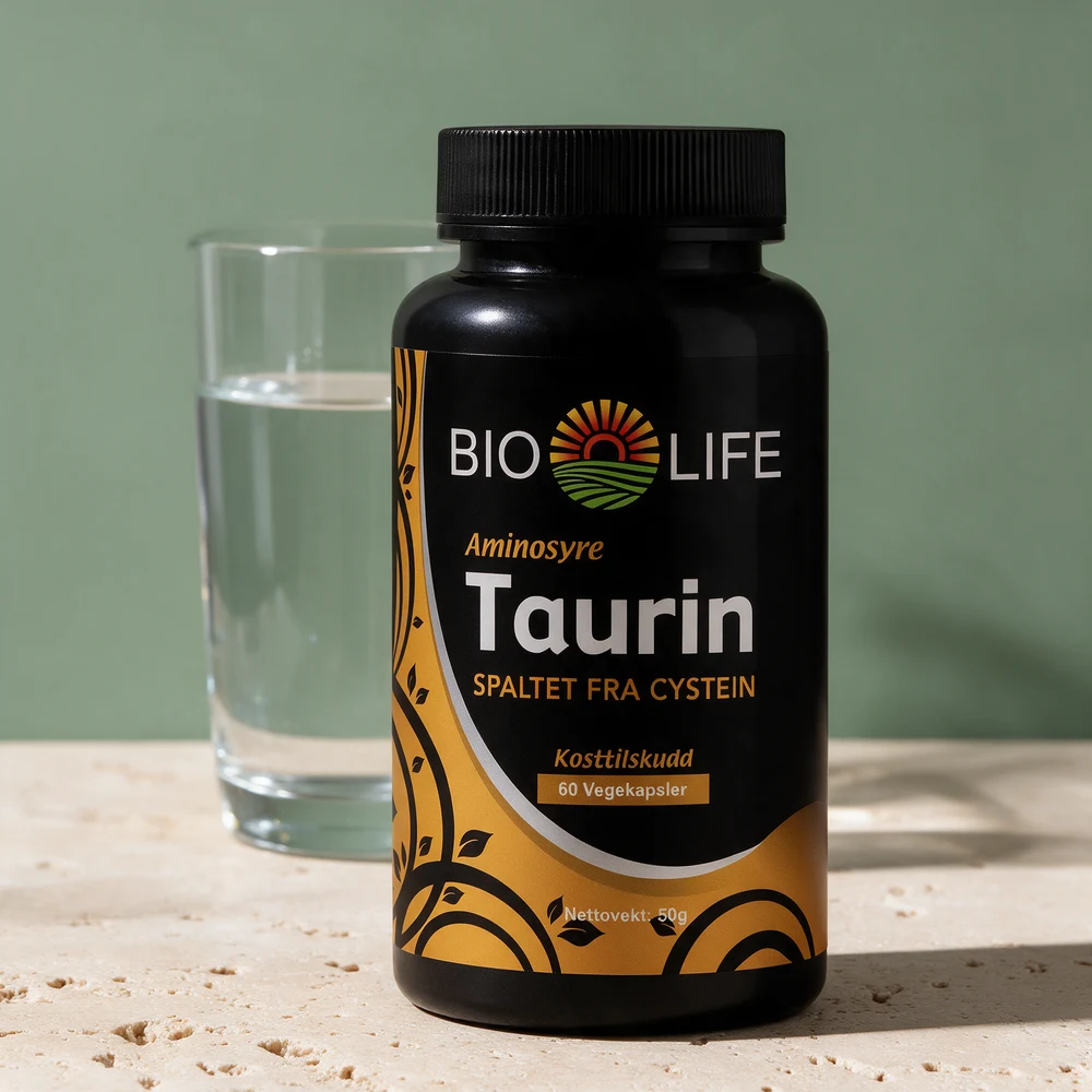 Bio Life Taurin, svart boks merket «Taurin · 60 Vegekapsler»