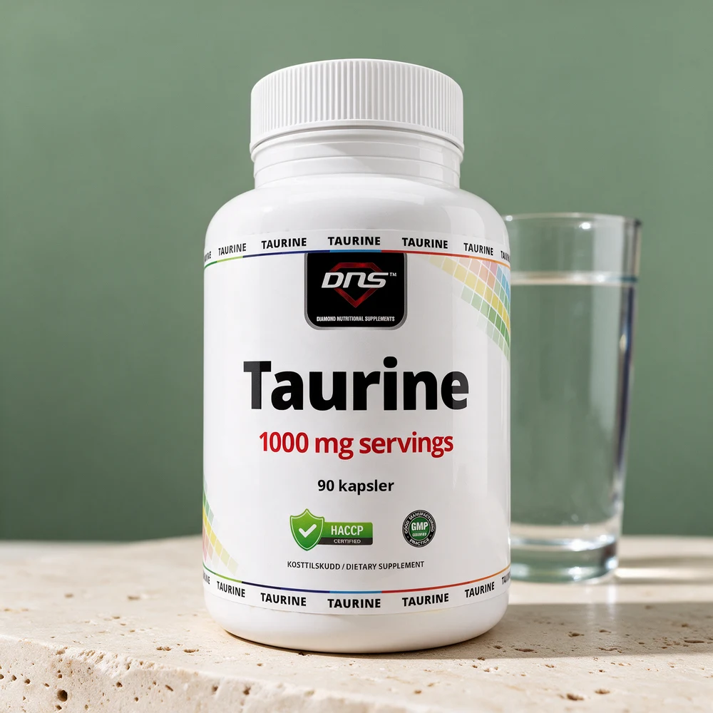 DNS Taurin Kapsler, hvit boks merket «1000 mg servings · 90 kapsler»