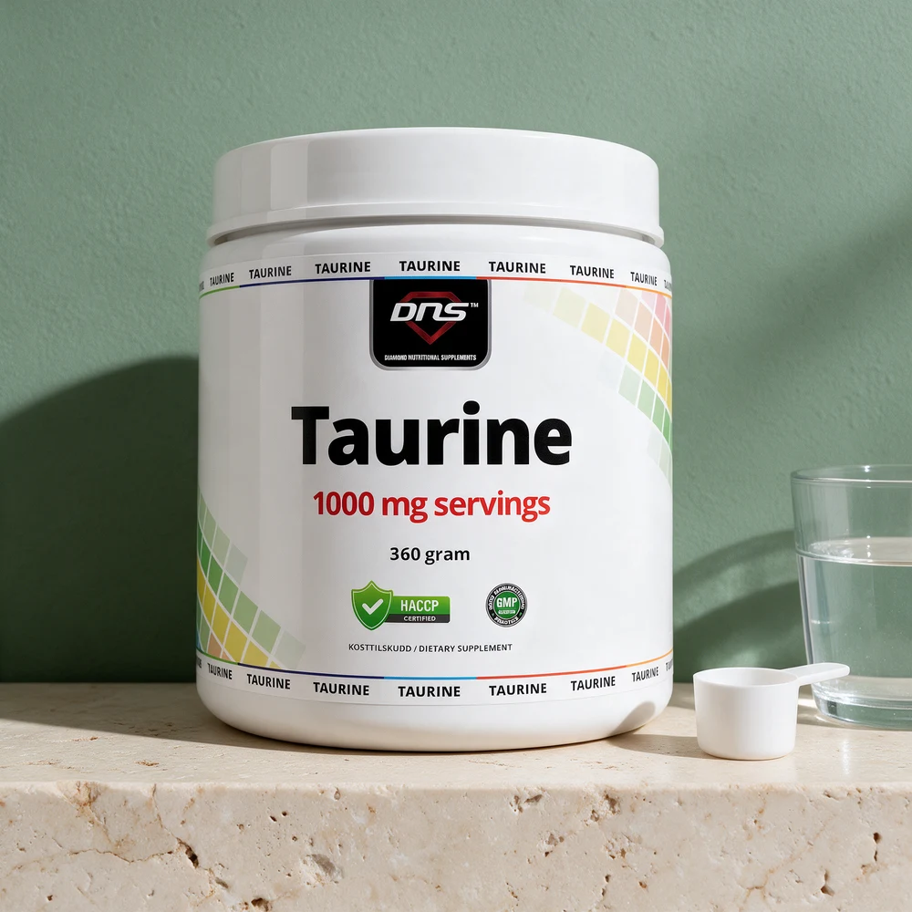 DNS Taurin Pulver, hvit boks merket «1000 mg servings · 360 gram»