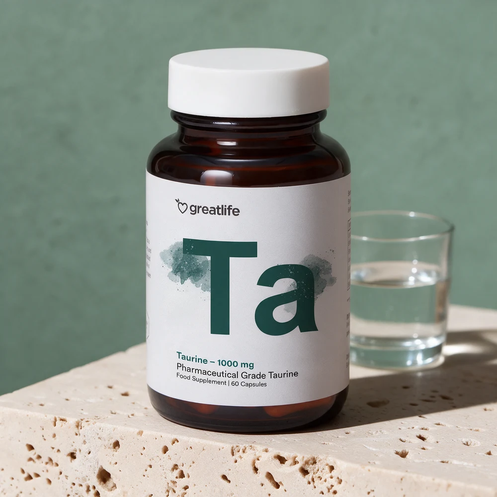 Greatlife Taurin, mørk glasskrukke merket «Taurine – 1000 mg · 60 Capsules»