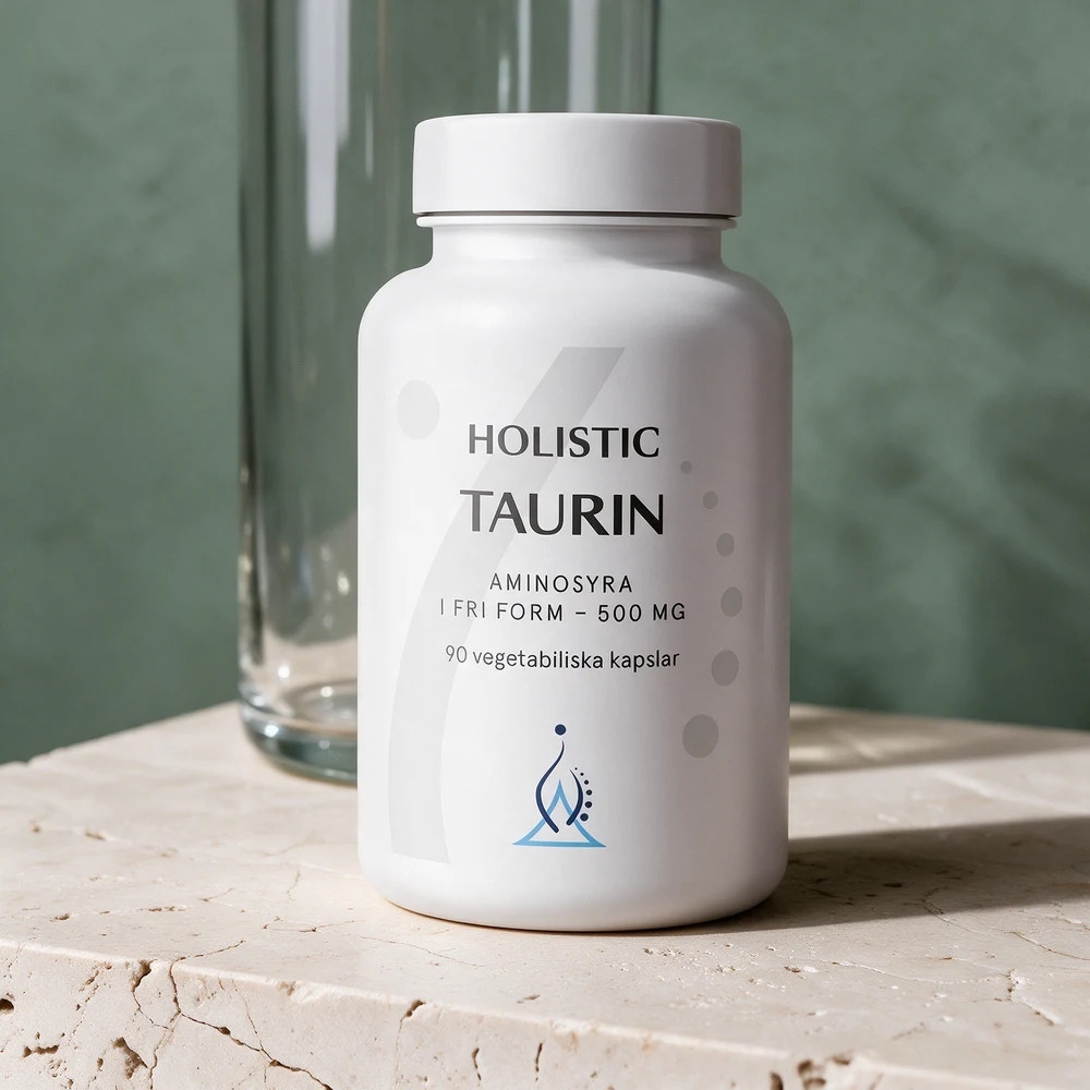 Holistic Taurin, hvit boks merket «500 mg · 90 vegetabiliska kapslar»