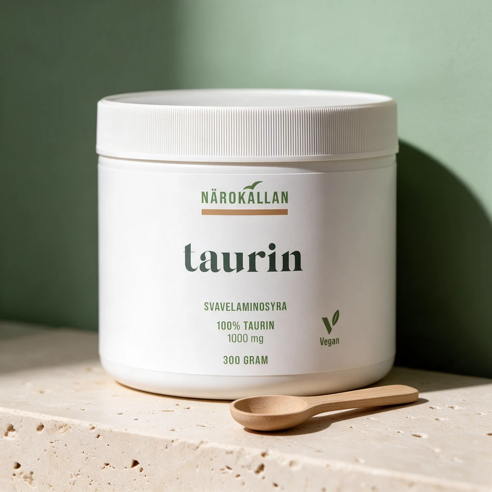 Närokällan Taurin, hvit boks merket «100% taurin · 1000 mg · 300 gram»