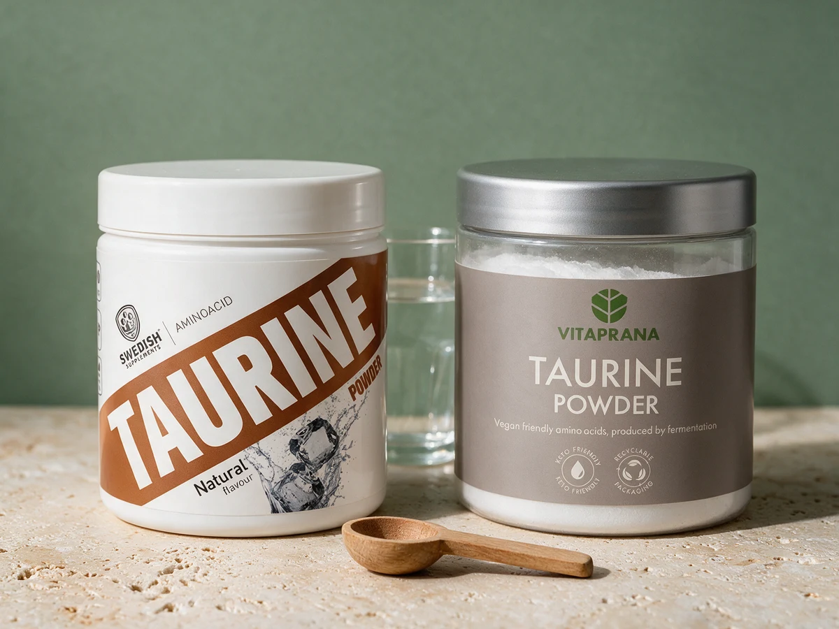 Swedish Supplements Taurin, boks merket «Taurine Powder», og Vitaprana Taurin Pulver, klar boks med grå etikett