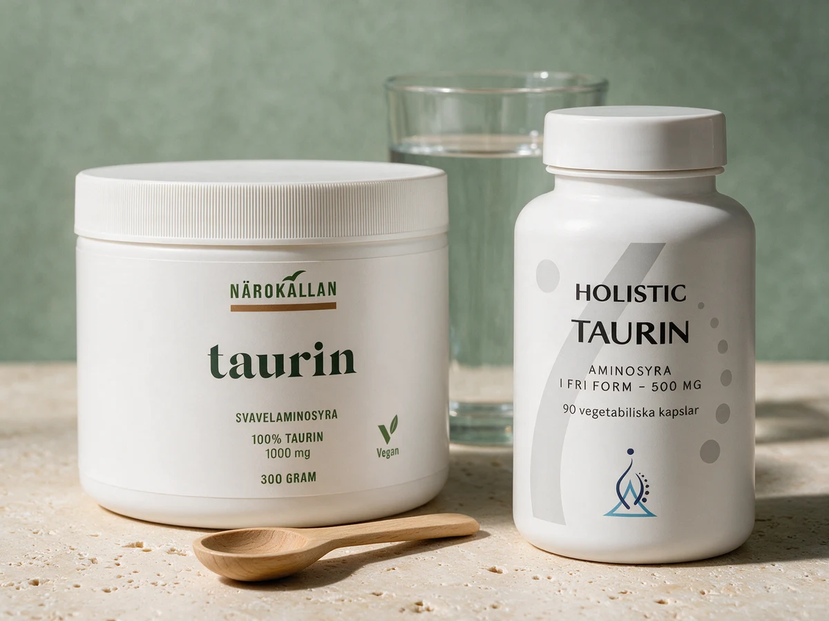 Närokällan Taurin, pulverboks merket «1000 mg», og Holistic Taurin, kapselboks merket «500 mg»