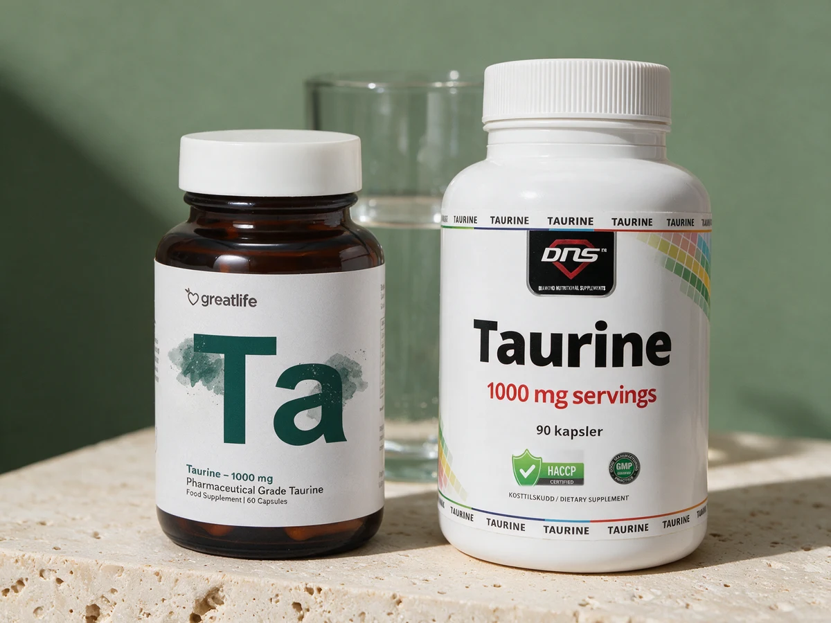 Greatlife Taurin, mørk glasskrukke, og DNS Taurin Kapsler, hvit boks