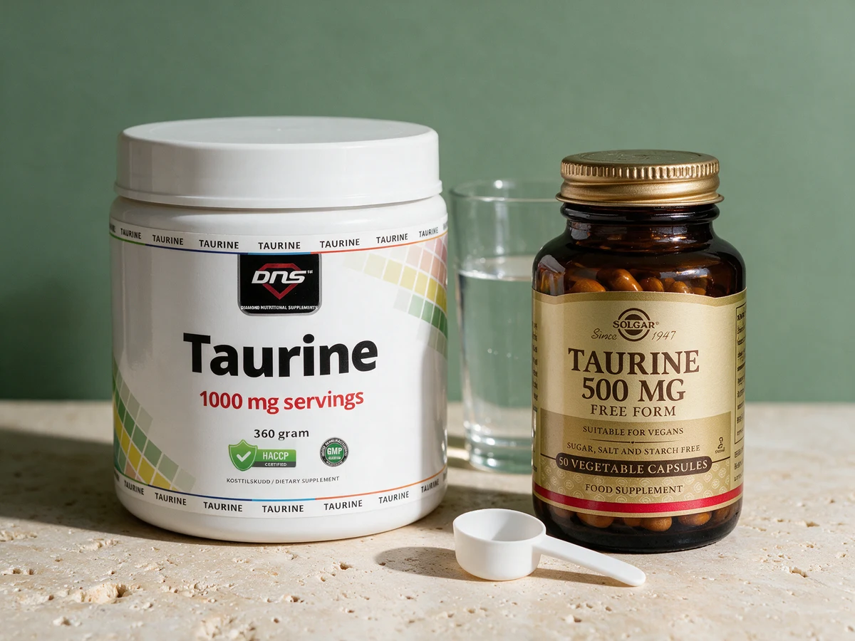 DNS Taurin Pulver, boks merket «1000 mg servings», og Solgar Taurin, flaske merket «500 mg»