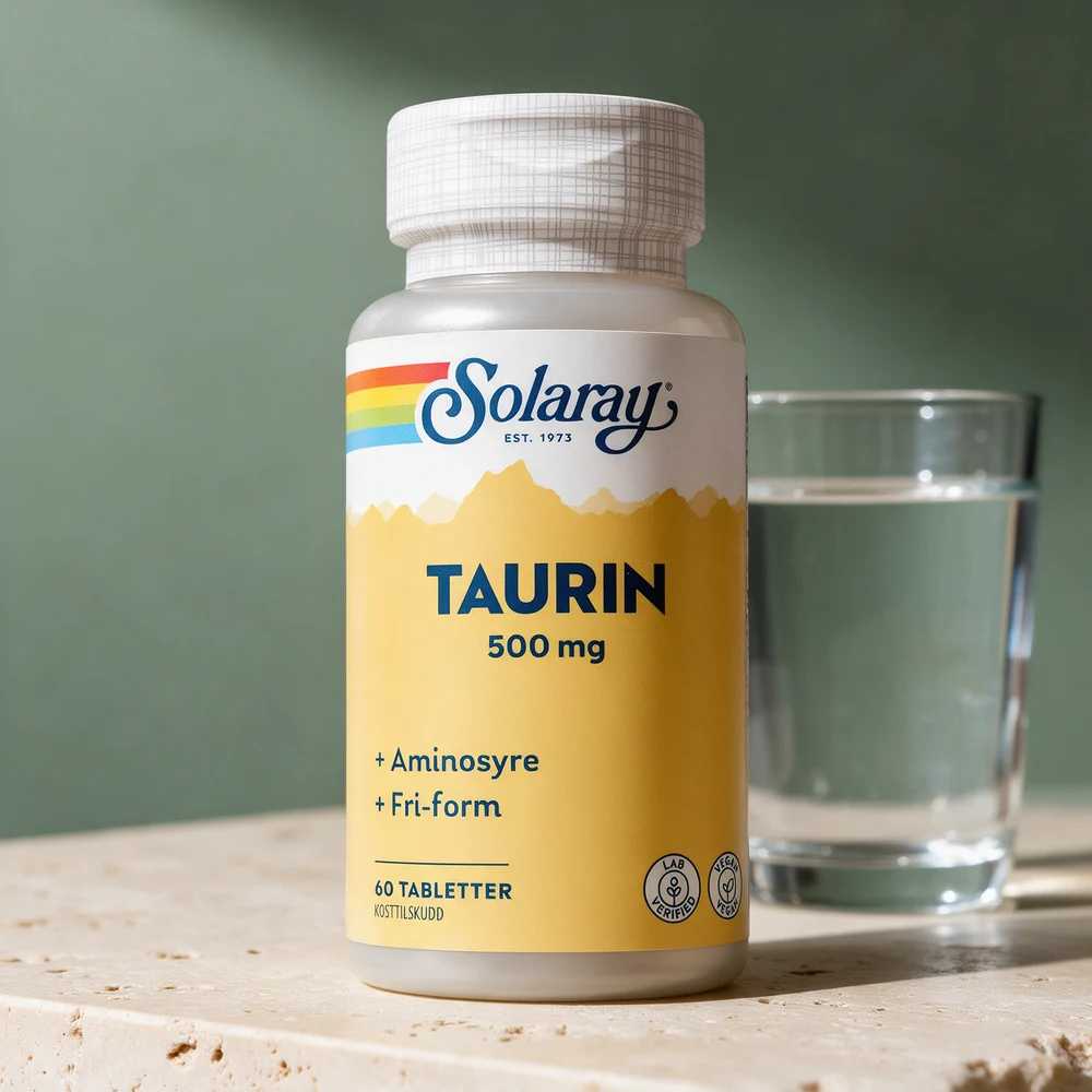 Solaray Taurin, hvit boks med gul etikett merket «Taurin 500 mg · 60 tabletter»