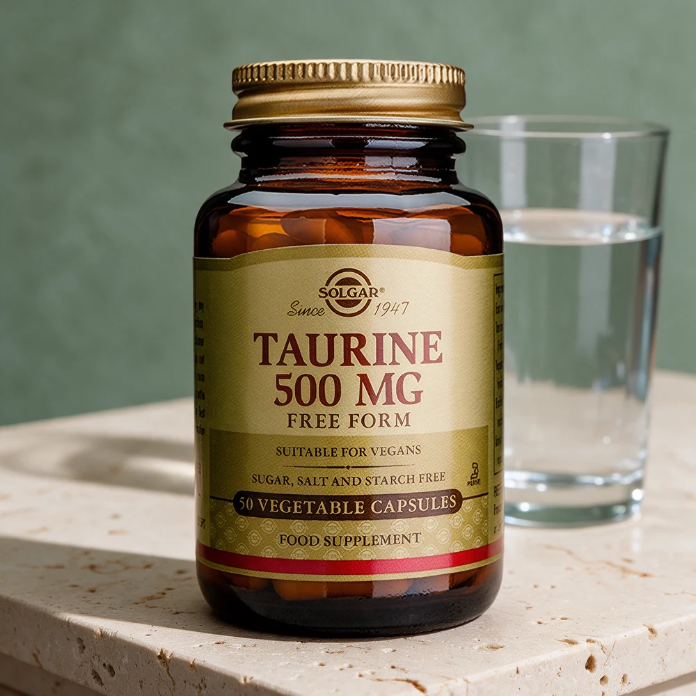 Solgar Taurin, brun glassflaske med gull-lokk merket «Taurine 500 mg · 50 vegetable capsules»