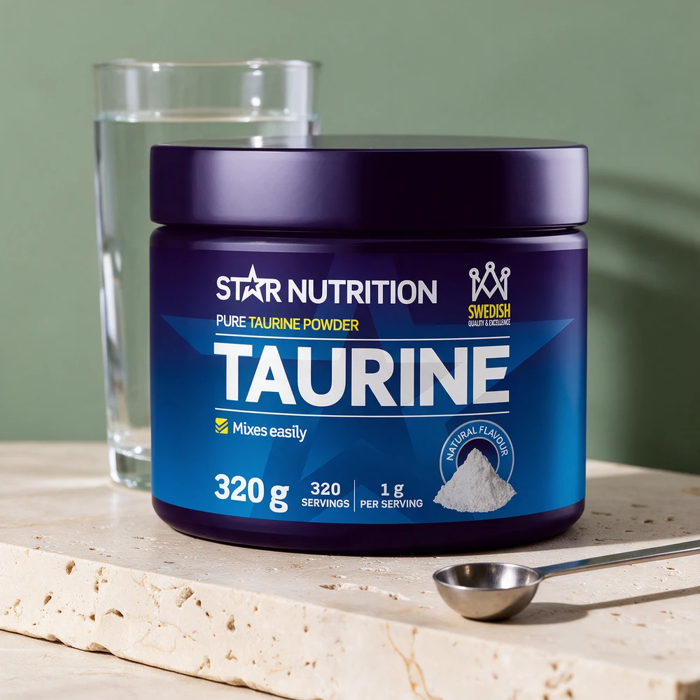 Star Nutrition Taurin, marineblå boks merket «320 g · 320 servings · 1 g per serving»