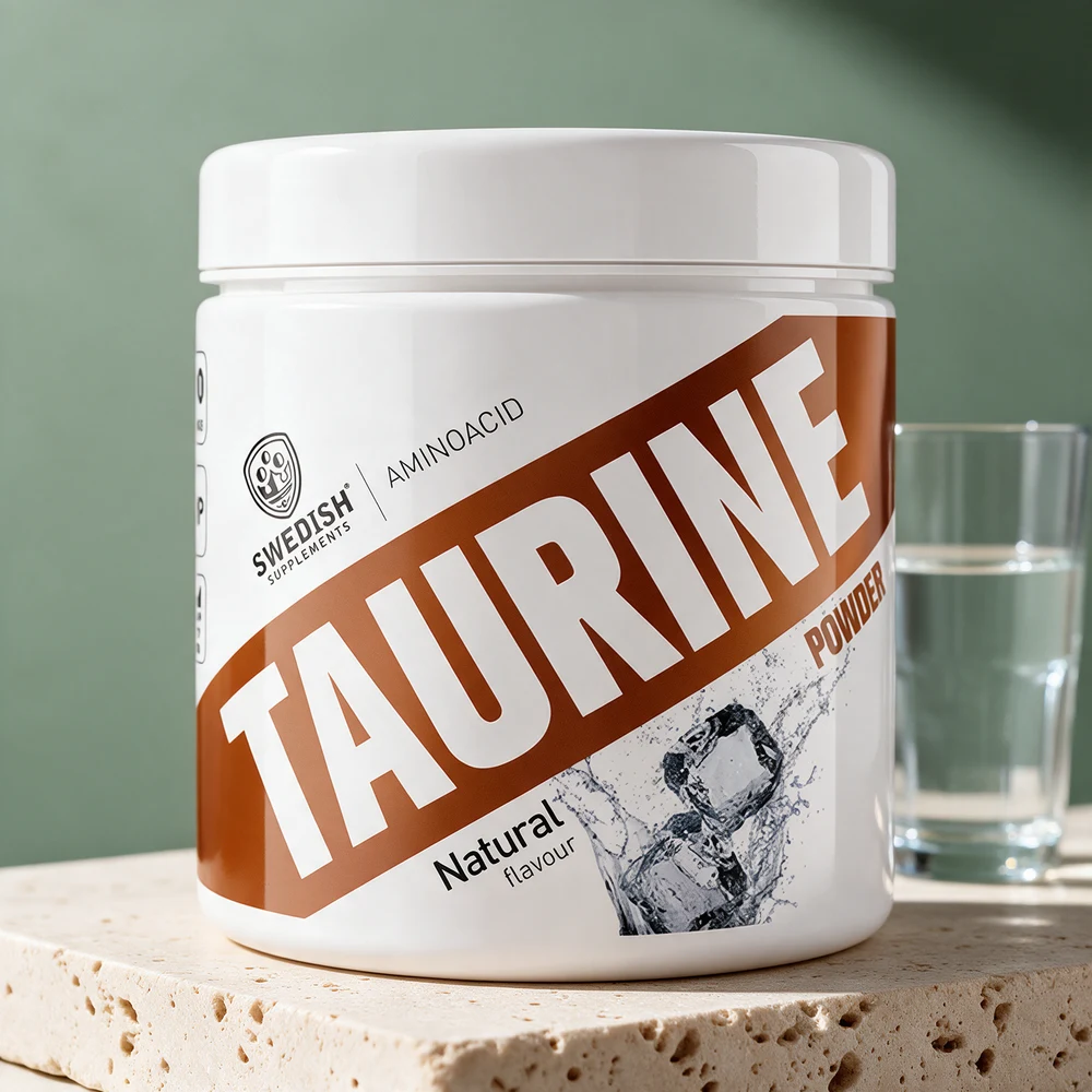 Swedish Supplements Taurin, hvit boks merket «Taurine Powder»