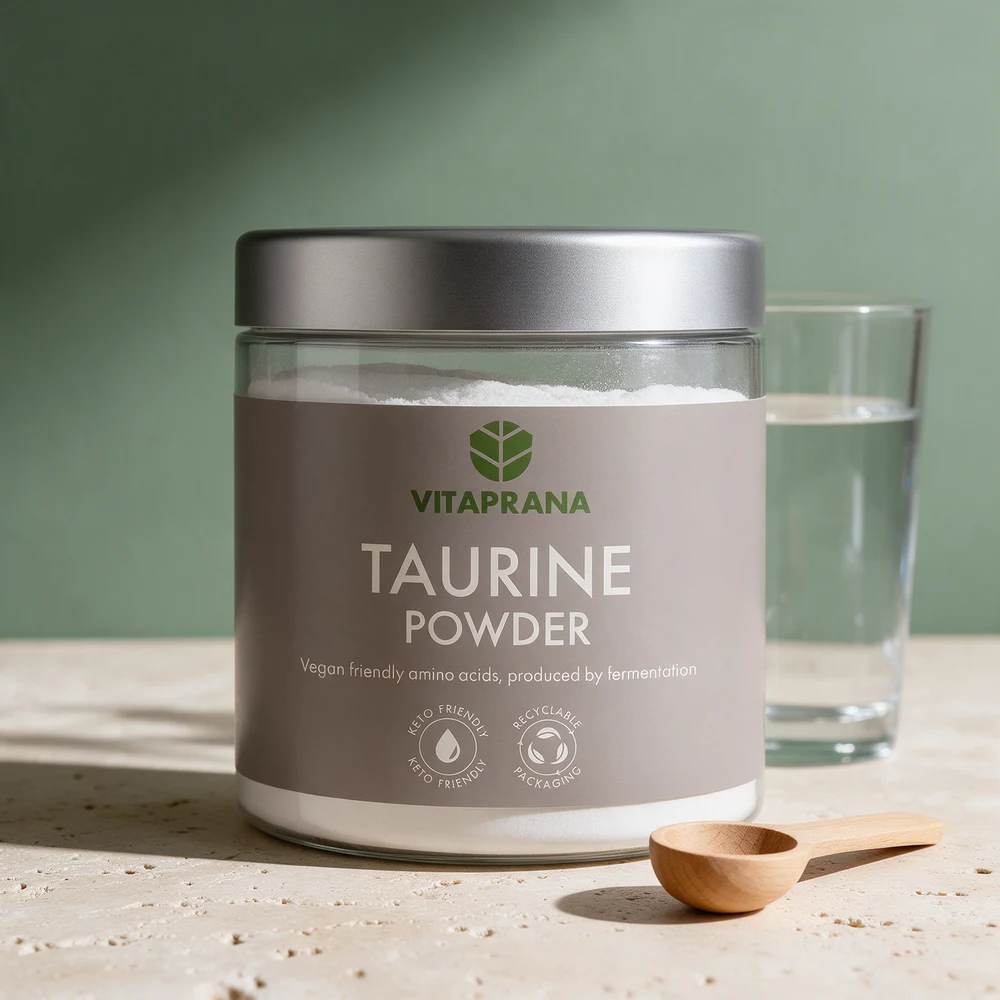 Vitaprana Taurin Pulver, klar boks med sølvlokk og grå etikett merket «Taurine Powder»