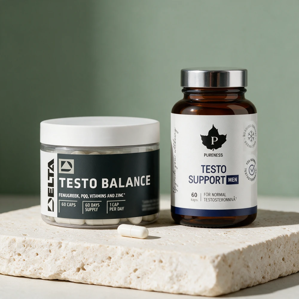 Delta Nutrition Testo Balance i klar plastboks med én hvit kapsel foran, og Pureness Testo Support Men i brun glassflaske