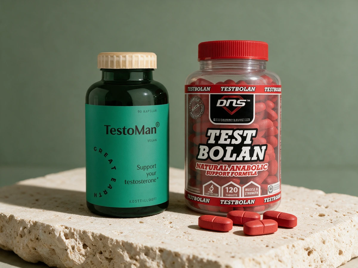Great Earth TestoMan i grønn flaske og DNS Test Bolan i klar boks med røde, avlange tabletter, fire av dem foran boksen