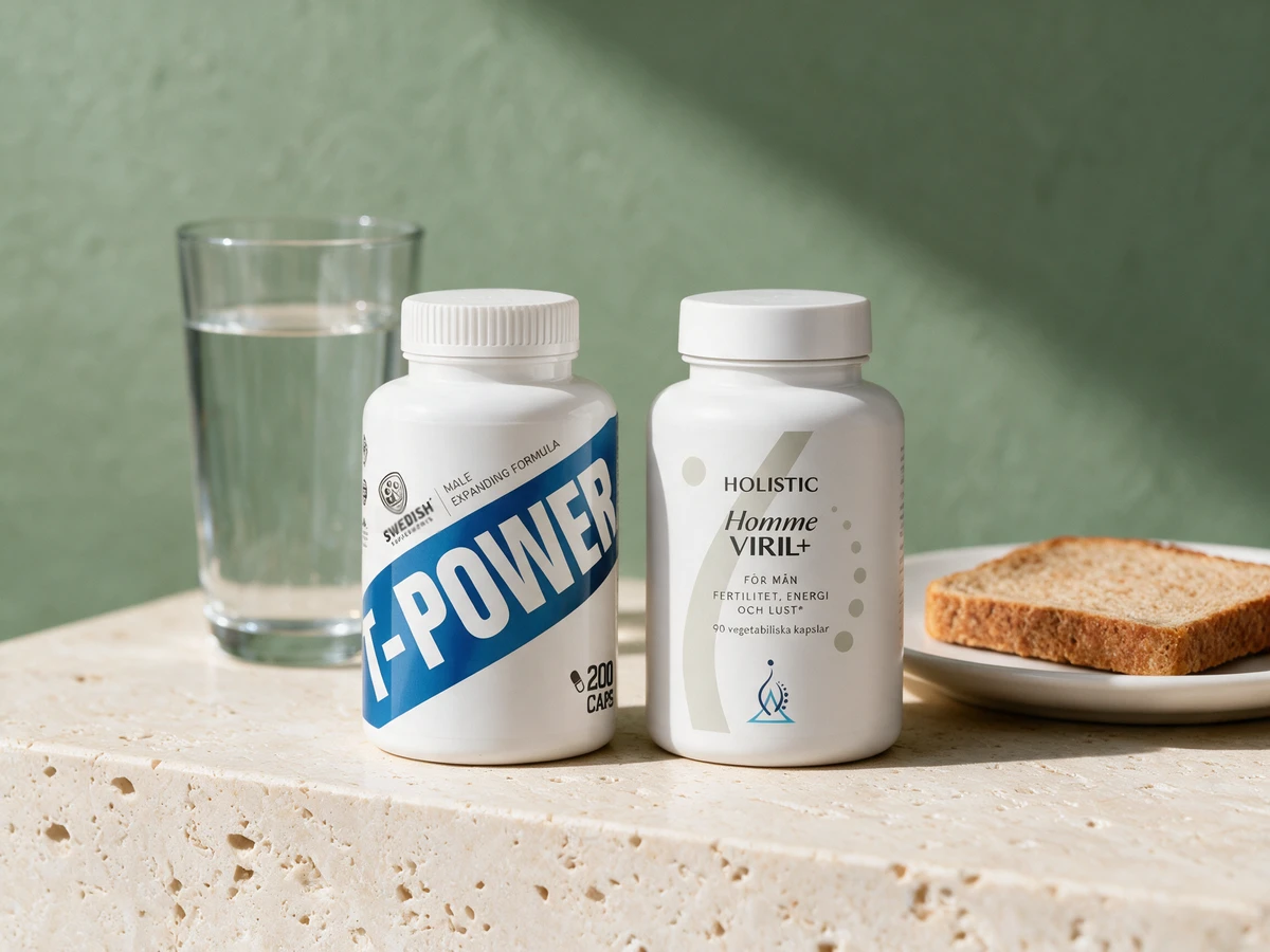 Swedish Supplements T-Power Testo og Holistic Homme Viril+ mellom et høyt glass vann og en tallerken med en brødskive